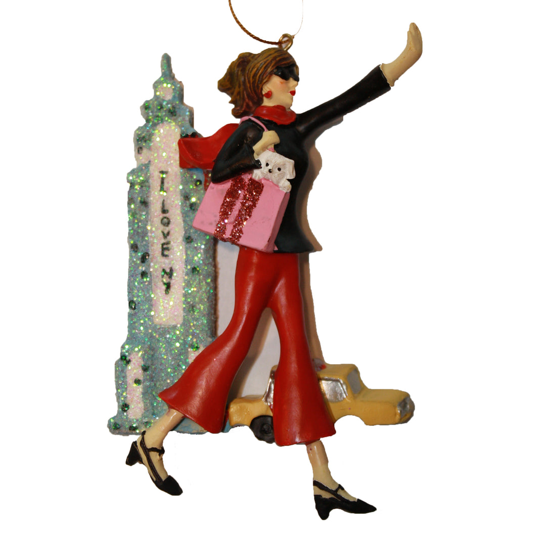 New York City Shopping Lady Ornament with Taxi and Empire State Building, CC002