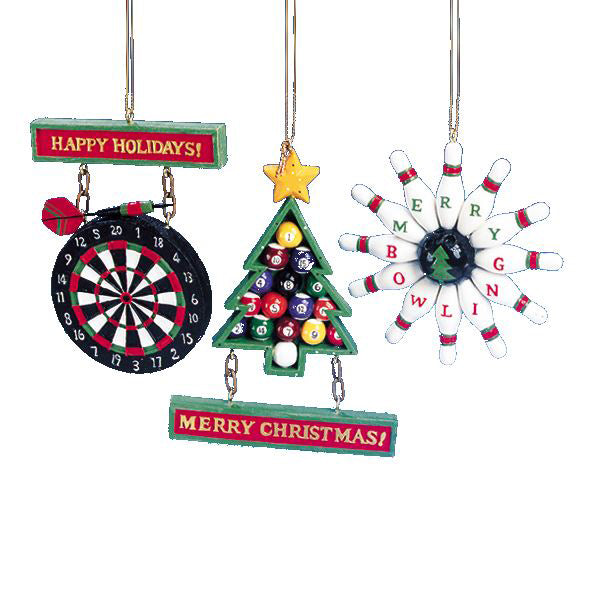 Dart Board, Bowling, and Billiards Ornaments, 3 Assorted